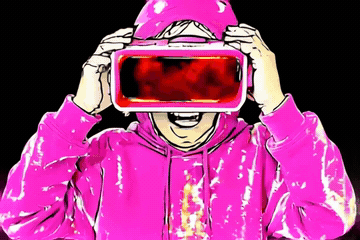 Трепло в розовом худи натягивает на себя огромный красный VR-шлем Virtual Boy поверх розовых очков, вокруг мигают красные сканлайны
